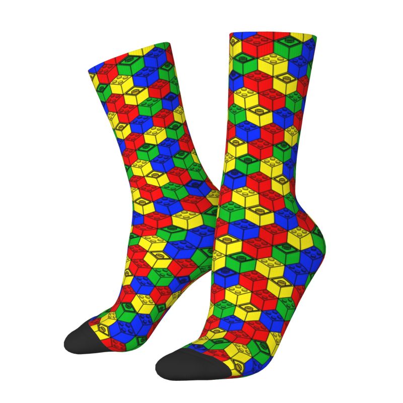 Building Blocks - ถุงเท้าแฟชั่นลายบล็อกหลากสี ถุงเท้ากีฬา ถุงเท้าฟุตบอล พิมพ์ลาย 3 มิติ